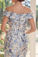 Load image into Gallery viewer, Bodycon Dusty Blue Floral Off the Shoulder Midi Mother of the Bride Dress
