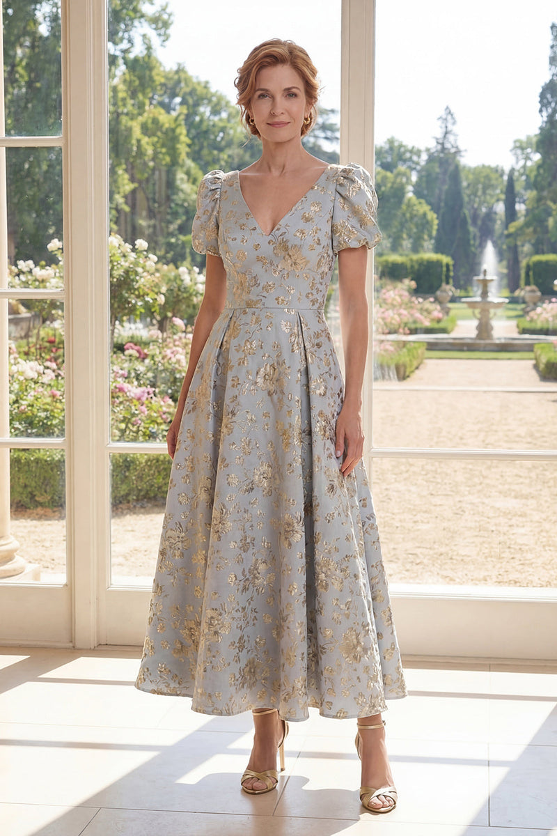 Load image into Gallery viewer, Puff Sleeves Dusty Blue Floral A Line Maxi V-Neck Mother of the Bride Dress