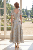 Load image into Gallery viewer, Puff Sleeves Dusty Blue Floral A Line Maxi V-Neck Mother of the Bride Dress