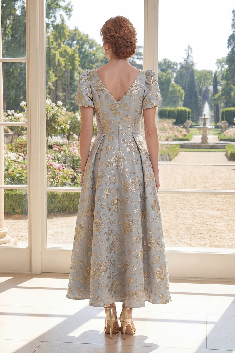 Load image into Gallery viewer, Puff Sleeves Dusty Blue Floral A Line Maxi V-Neck Mother of the Bride Dress