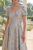 Load image into Gallery viewer, Puff Sleeves Dusty Blue Floral A Line Maxi V-Neck Mother of the Bride Dress