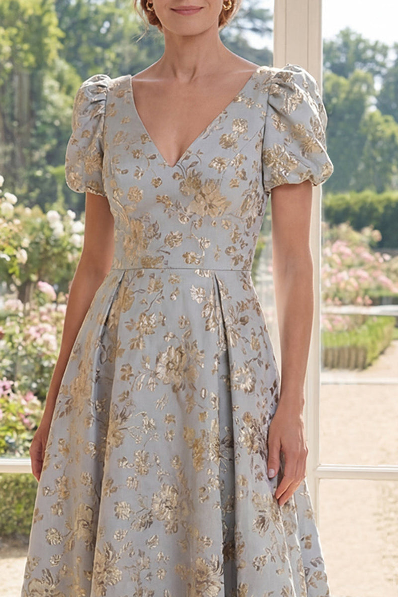 Load image into Gallery viewer, Puff Sleeves Dusty Blue Floral A Line Maxi V-Neck Mother of the Bride Dress