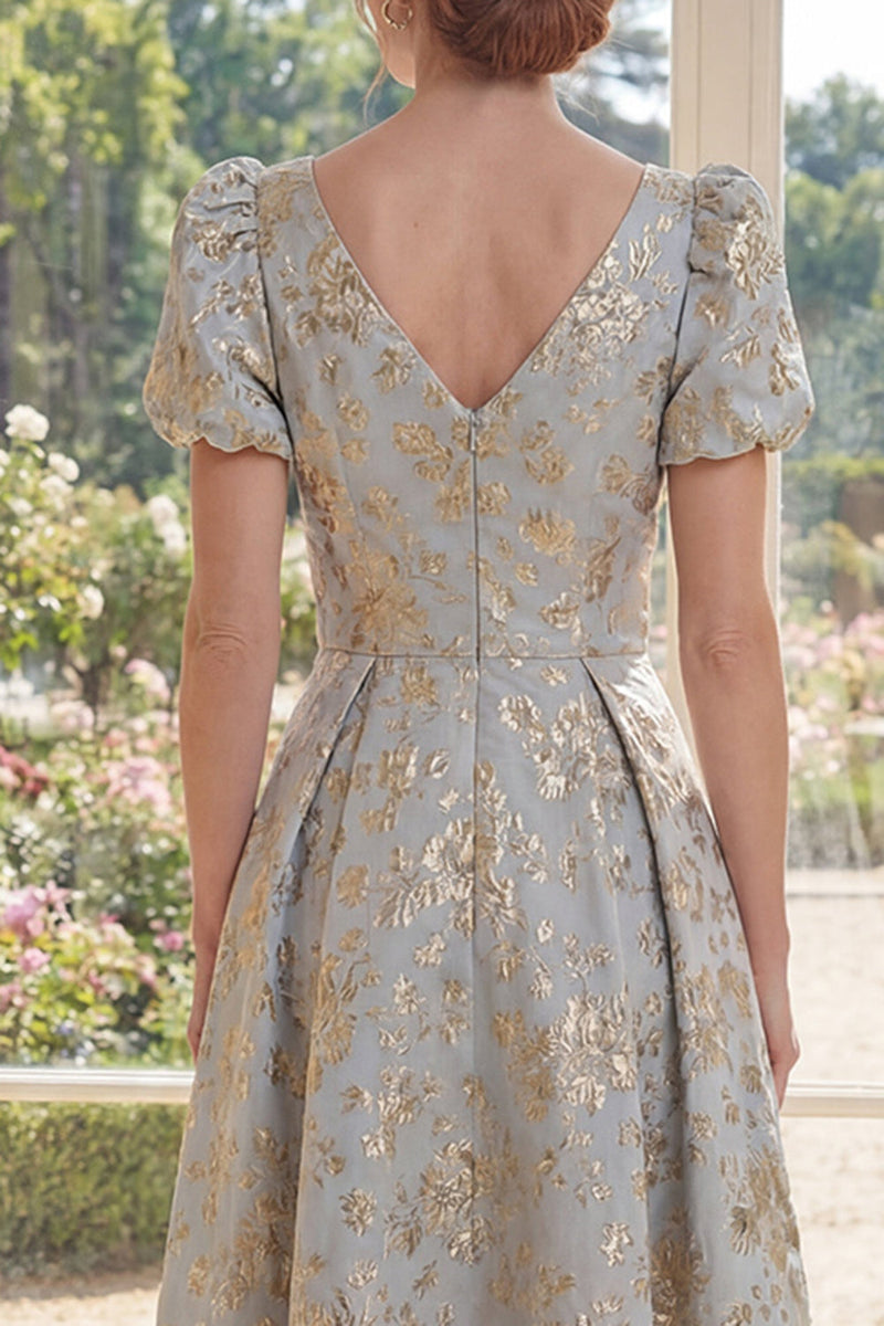 Load image into Gallery viewer, Puff Sleeves Dusty Blue Floral A Line Maxi V-Neck Mother of the Bride Dress