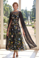 Load image into Gallery viewer, Floral Boat Neck Black A Line Long Mother of the Bride Dress with Cape
