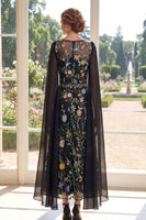 Load image into Gallery viewer, Floral Boat Neck Black A Line Long Mother of the Bride Dress with Cape