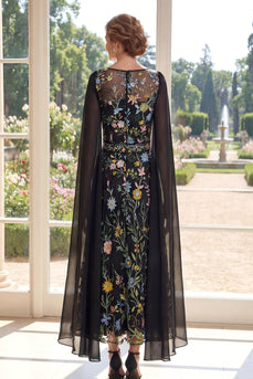 Floral Boat Neck Black A Line Long Mother of the Bride Dress with Cape