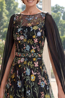 Load image into Gallery viewer, Floral Boat Neck Black A Line Long Mother of the Bride Dress with Cape