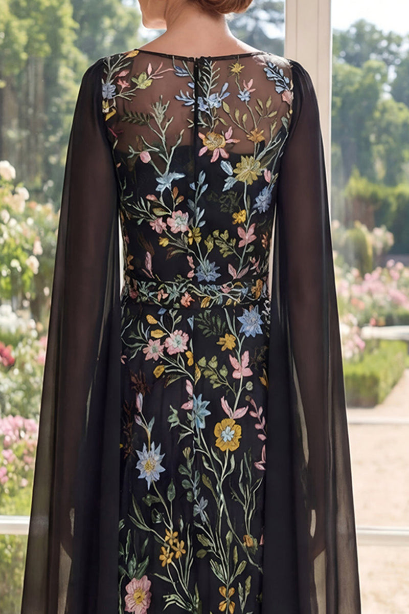 Load image into Gallery viewer, Floral Boat Neck Black A Line Long Mother of the Bride Dress with Cape
