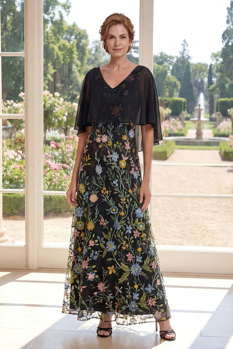 Load image into Gallery viewer, V-Neck A Line Long Floral Black Mother of the Bride Dress with Cape