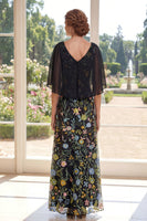 Load image into Gallery viewer, V-Neck A Line Long Floral Black Mother of the Bride Dress with Cape