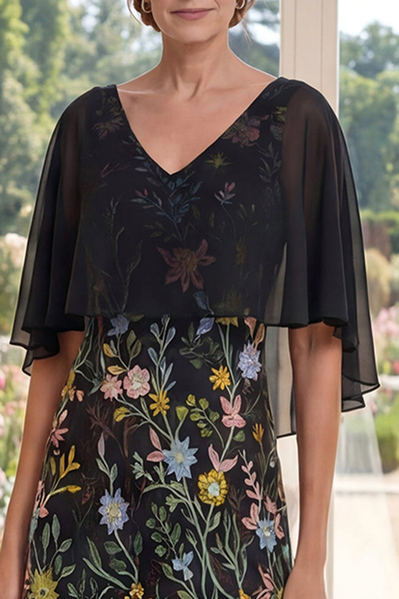 Load image into Gallery viewer, V-Neck A Line Long Floral Black Mother of the Bride Dress with Cape
