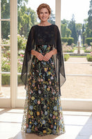 Load image into Gallery viewer, Black Ruffled A Line Long Boat Neck Floral Mother of the Bride Dress with Cape