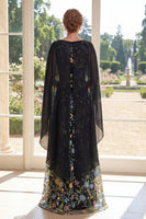Load image into Gallery viewer, Black Ruffled A Line Long Boat Neck Floral Mother of the Bride Dress with Cape