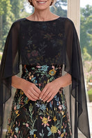 Load image into Gallery viewer, Black Ruffled A Line Long Boat Neck Floral Mother of the Bride Dress with Cape