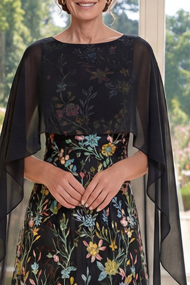 Load image into Gallery viewer, Black Ruffled A Line Long Boat Neck Floral Mother of the Bride Dress with Cape