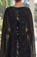 Load image into Gallery viewer, Black Ruffled A Line Long Boat Neck Floral Mother of the Bride Dress with Cape