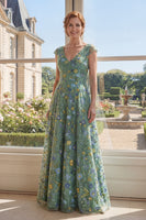 Load image into Gallery viewer, Cap Sleeves Floral A Line Long V-Neck Green Mother of the Bride Dress