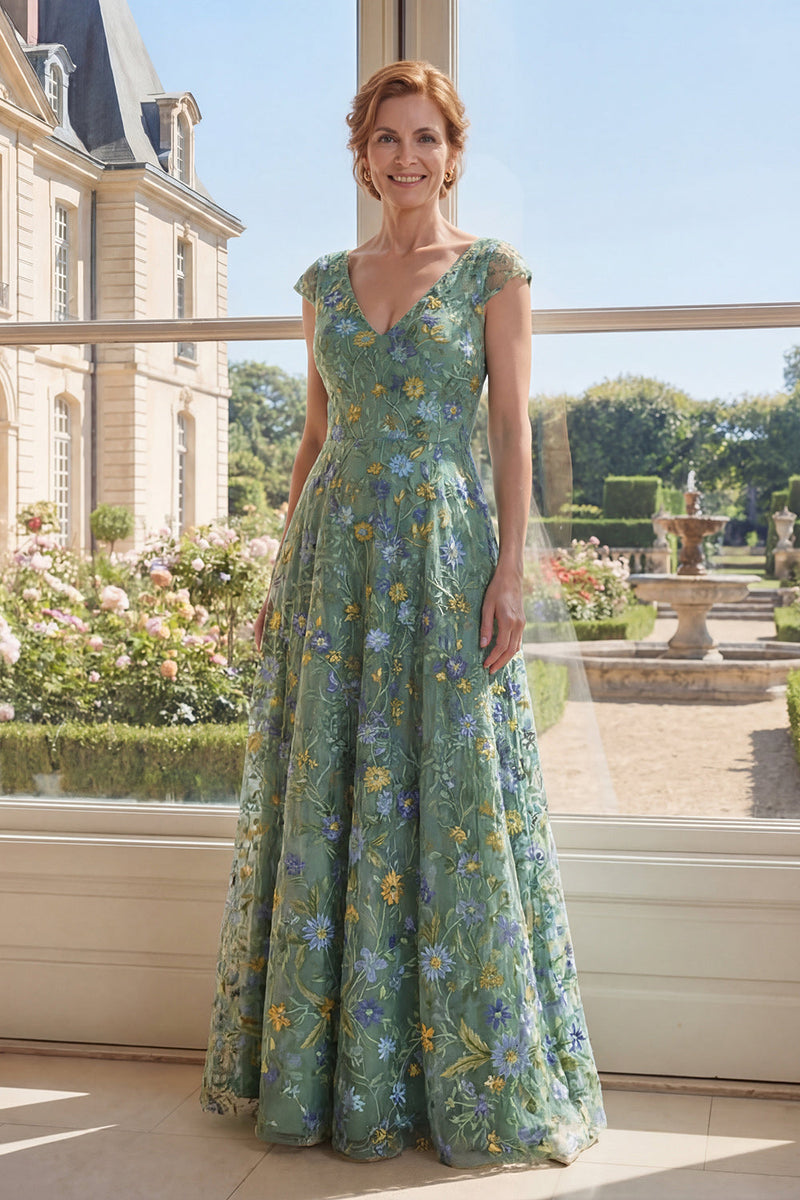 Load image into Gallery viewer, Cap Sleeves Floral A Line Long V-Neck Green Mother of the Bride Dress
