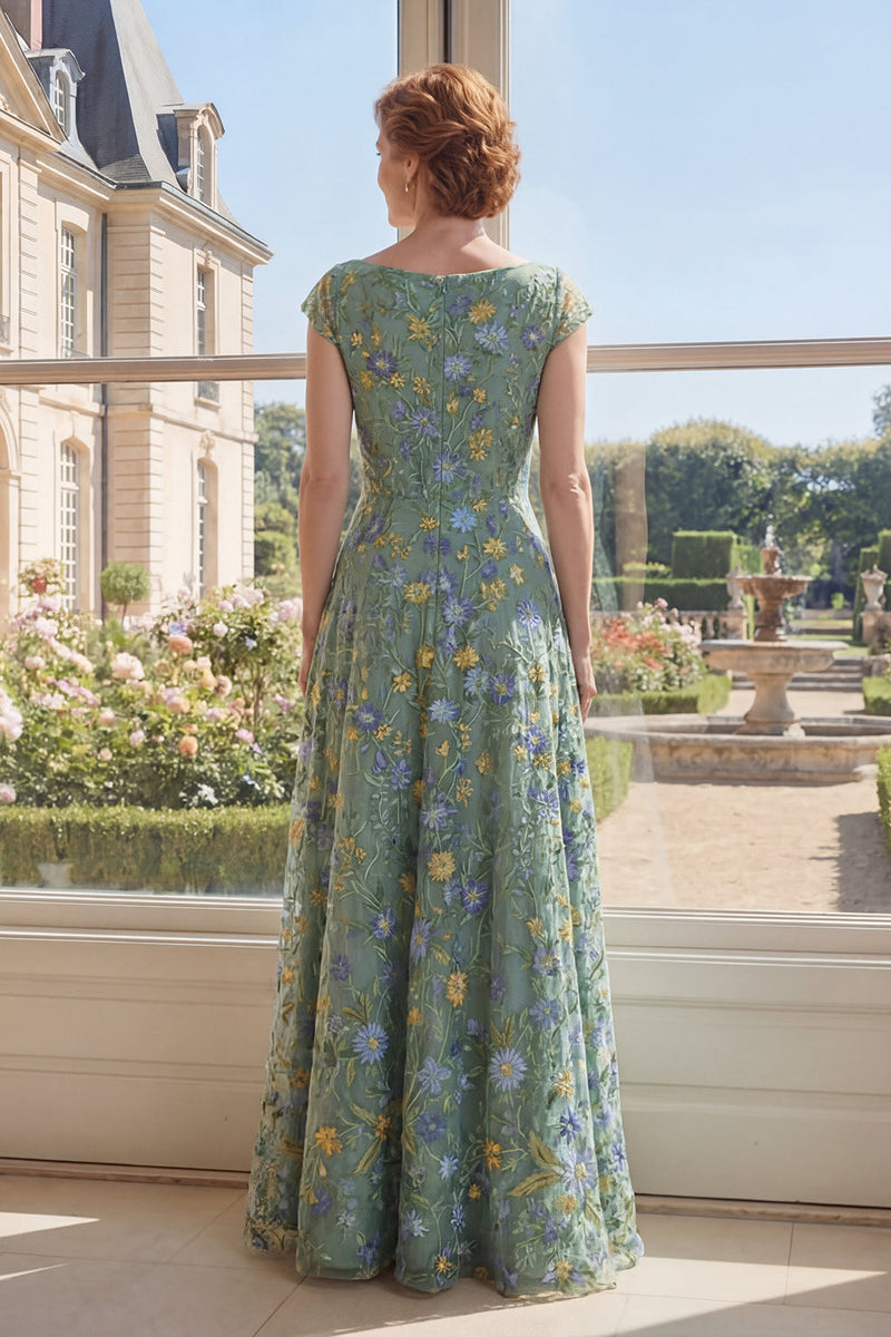 Load image into Gallery viewer, Cap Sleeves Floral A Line Long V-Neck Green Mother of the Bride Dress