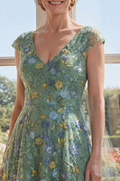 Load image into Gallery viewer, Cap Sleeves Floral A Line Long V-Neck Green Mother of the Bride Dress