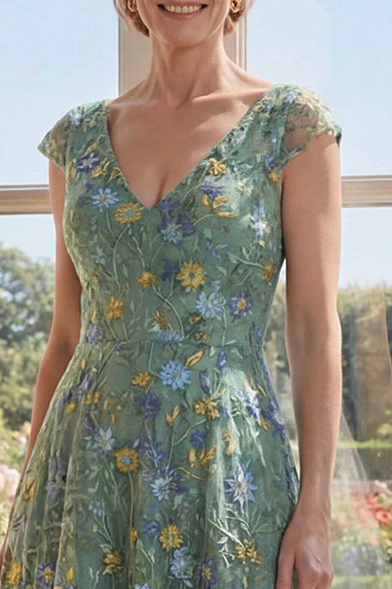 Load image into Gallery viewer, Cap Sleeves Floral A Line Long V-Neck Green Mother of the Bride Dress