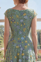Load image into Gallery viewer, Cap Sleeves Floral A Line Long V-Neck Green Mother of the Bride Dress