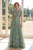 Load image into Gallery viewer, Floral Short Sleeves A Line Long Green Boat Neck Mother of the Bride Dress