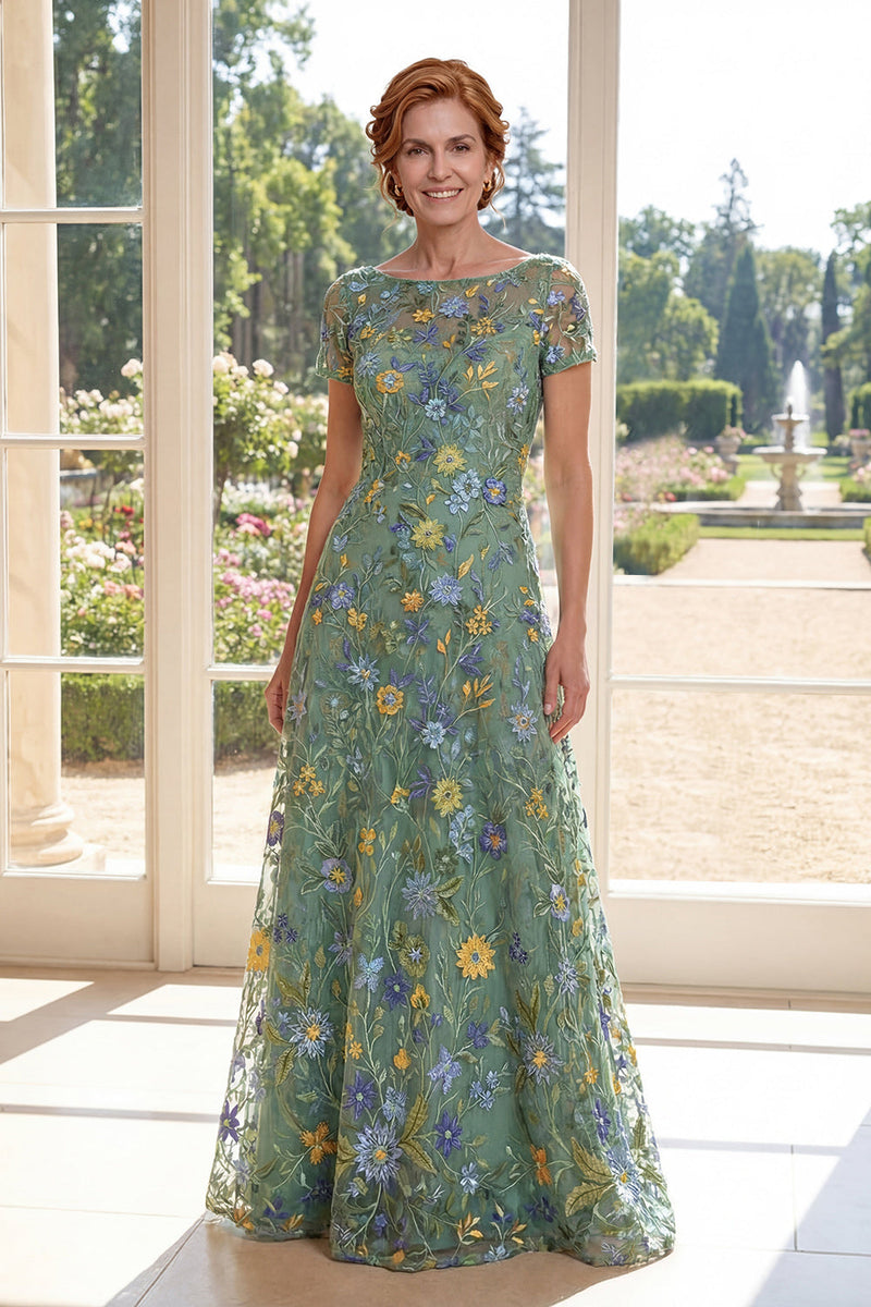 Load image into Gallery viewer, Floral Short Sleeves A Line Long Green Boat Neck Mother of the Bride Dress