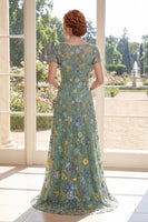 Load image into Gallery viewer, Floral Short Sleeves A Line Long Green Boat Neck Mother of the Bride Dress