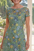 Load image into Gallery viewer, Floral Short Sleeves A Line Long Green Boat Neck Mother of the Bride Dress