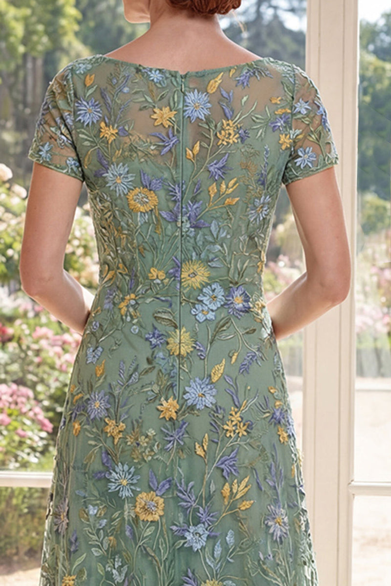 Load image into Gallery viewer, Floral Short Sleeves A Line Long Green Boat Neck Mother of the Bride Dress