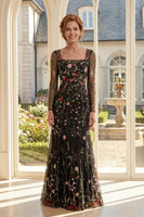 Load image into Gallery viewer, Square Neck Long Sleeves Sheath Black Floral Long Mother of the Bride Dress