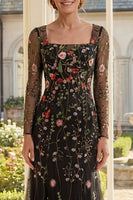 Load image into Gallery viewer, Square Neck Long Sleeves Sheath Black Floral Long Mother of the Bride Dress
