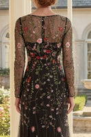 Load image into Gallery viewer, Square Neck Long Sleeves Sheath Black Floral Long Mother of the Bride Dress