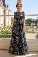Load image into Gallery viewer, Boat Neck Sparkly Floral Black A Line Long Mother of the Bride Dress