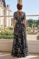 Load image into Gallery viewer, Boat Neck Sparkly Floral Black A Line Long Mother of the Bride Dress