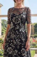 Load image into Gallery viewer, Boat Neck Sparkly Floral Black A Line Long Mother of the Bride Dress