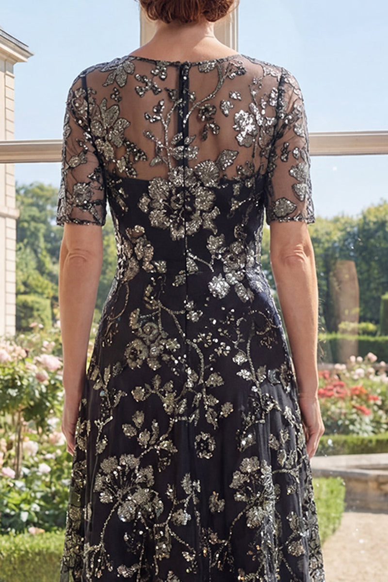 Load image into Gallery viewer, Boat Neck Sparkly Floral Black A Line Long Mother of the Bride Dress