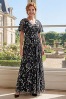 Load image into Gallery viewer, Flutter Sleeves V-Neck Ruched Floral Black A Line Long Mother of the Bride Dress