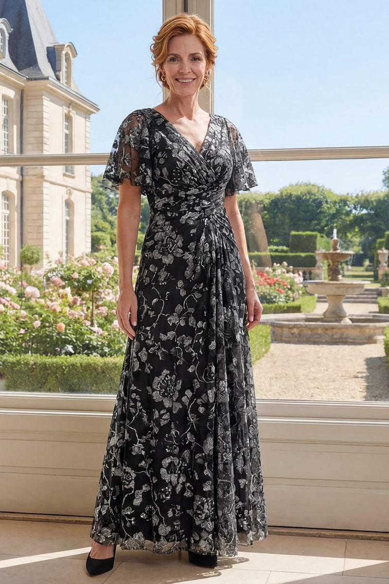 Load image into Gallery viewer, Flutter Sleeves V-Neck Ruched Floral Black A Line Long Mother of the Bride Dress