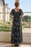 Load image into Gallery viewer, Flutter Sleeves V-Neck Ruched Floral Black A Line Long Mother of the Bride Dress