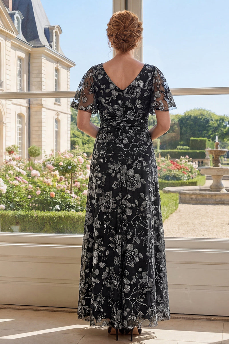 Load image into Gallery viewer, Flutter Sleeves V-Neck Ruched Floral Black A Line Long Mother of the Bride Dress