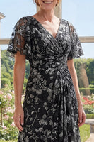 Load image into Gallery viewer, Flutter Sleeves V-Neck Ruched Floral Black A Line Long Mother of the Bride Dress