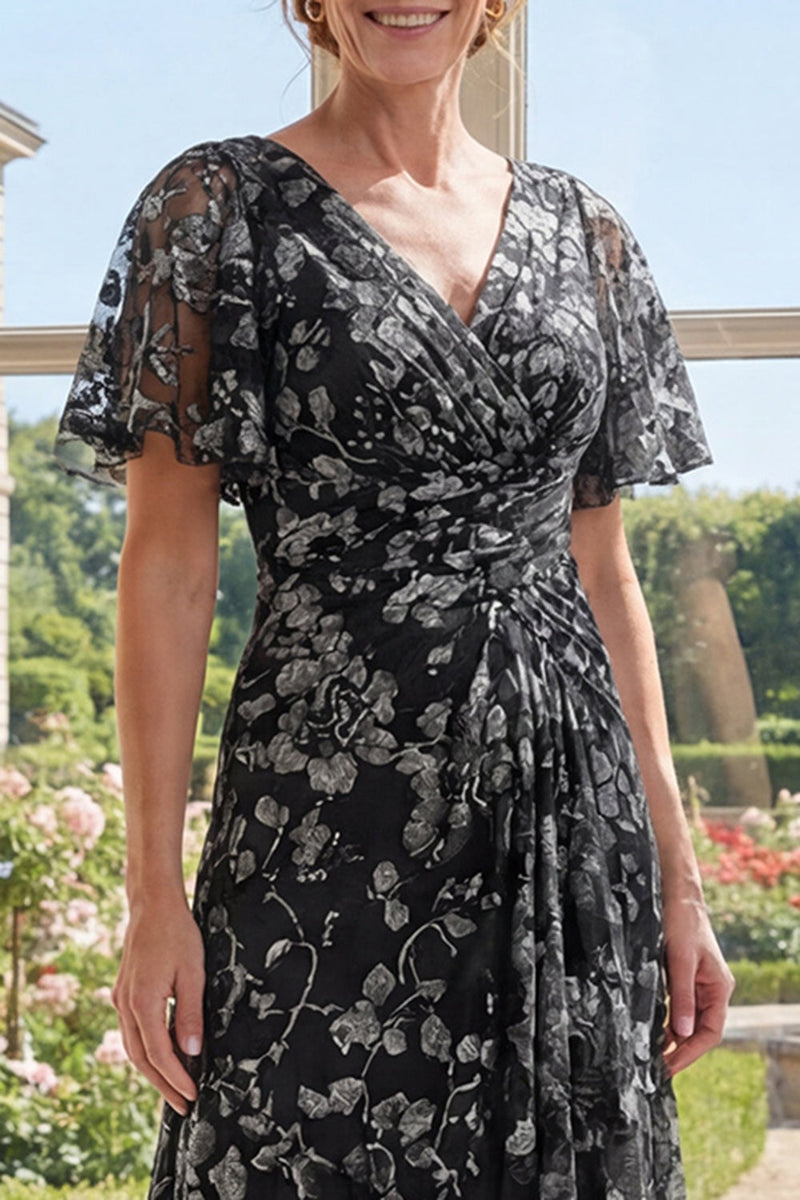 Load image into Gallery viewer, Flutter Sleeves V-Neck Ruched Floral Black A Line Long Mother of the Bride Dress