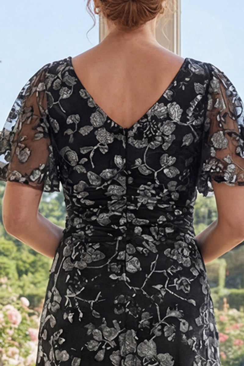 Load image into Gallery viewer, Flutter Sleeves V-Neck Ruched Floral Black A Line Long Mother of the Bride Dress