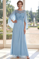 Load image into Gallery viewer, Light Blue Boat Neck Sparkly A Line Long Beaded Mother of the Bride Dress with Cape