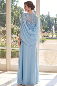 Light Blue Boat Neck Sparkly A Line Long Beaded Mother of the Bride Dress with Cape