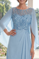 Load image into Gallery viewer, Light Blue Boat Neck Sparkly A Line Long Beaded Mother of the Bride Dress with Cape