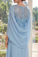 Load image into Gallery viewer, Light Blue Boat Neck Sparkly A Line Long Beaded Mother of the Bride Dress with Cape