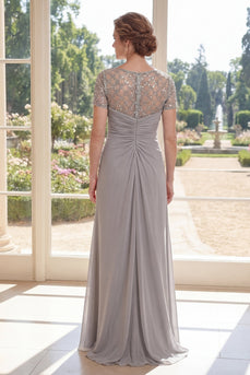 Sparkly Short Sleeves Sheath Long Beaded Grey Ruched Mother of the Bride Dress